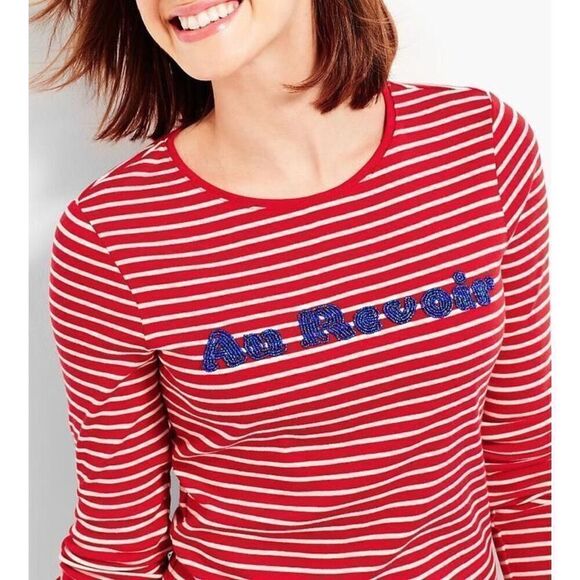 Talbots long sleeve Top French Red Striped Au Revoir Blue Beads sz M - Picture 1 of 7